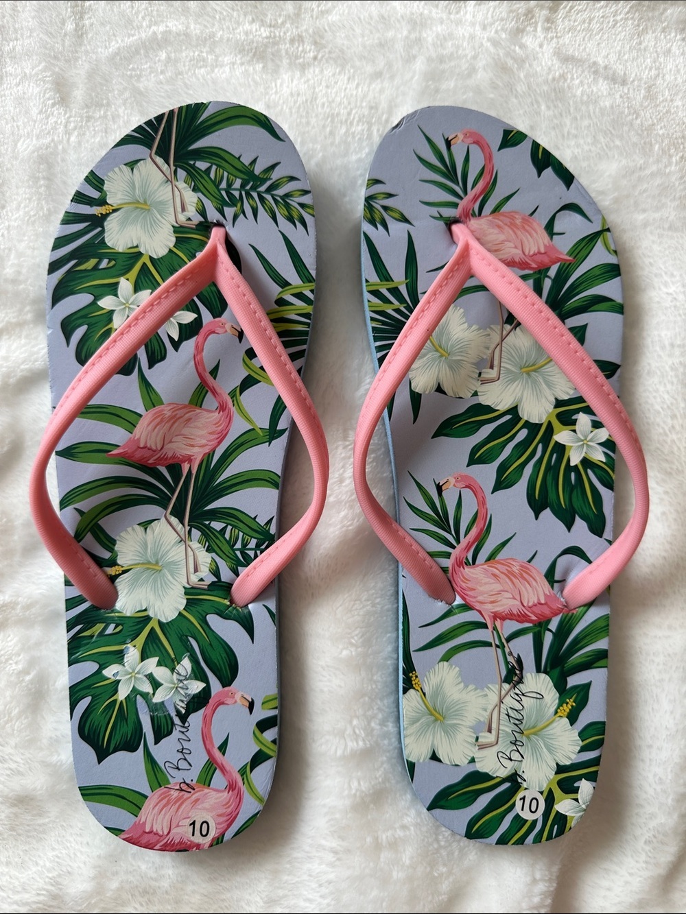 B.BOUTIQUE Women's Pink Flamingo Print Flip Flops Sz 10 Summer Fun Feminine NWOT